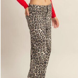 Washed Leopard Print Wide-Leg Denim Pants